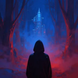 symmetrical blue and red, mysterious figure looking at a distant machine, art
