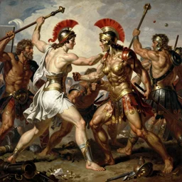 muscular warrior women, spartan warrior women, women fighting men, muscular men, roman warrior men, clashing in bloody field, art by jacques - louis david