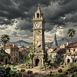 rotten city, eaten by vegetation and rats in a doomed world, still, broken clock tower, by Dali, by Zdzisław Beksiński, by Antoni Gaudi