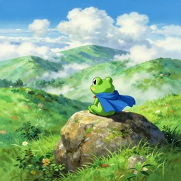 squaresoft ( ( ( ( akira toriyama ) ) ) ) chrono trigger chronotrigger!!!!!!!!!!!!!! tiny frog character, blue cape!!!!, seated on top of a rock next to a lush green hillside, valley clouds, a detailed painting by hayao miyazaki, pixiv contest winner, plein air, 2 d game art, official art, detailed painting, wanderer above the sea of fog
