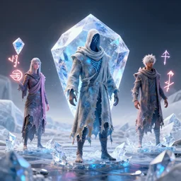 ice diamond landscape 4 k art by mike winkelmann, power auras, sigils, tattered cloth robes, substance 3 d painter, pbr textures, physical based rendering, cinematic, hyper realism, high detail, octane render, unreal engine, 8 k, vibrant colors, smooth gradients, high contrast, depth of field, aperture