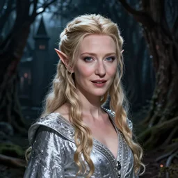 portrait of mischievous, dangerous Cate Blanchett's young Galadriel as a queen of elves, dressed in a refined silvery garment. The background is a dark, chilling eastern europen forrest.  night, horroristic shadows, higher contrasts, (((lumnious))), theatrical, character concept art by ruan jia, thomas kinkade, and J.Dickenson, trending on Pinterest