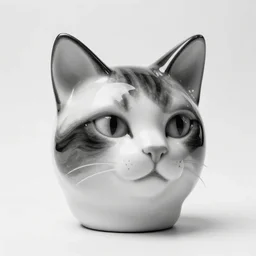 photographic portrait cat head, antique puppet, ceramic, porcelain, black and white, editorial