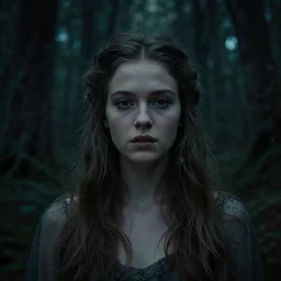 A beautiful fairy princess(looking like Rose Byrne), in a dark forest, telephoto close up, cool tones, underexposed, overecast, mysterious matte painting by greg rutkowski and marc simonetti and Ivan Shishkin and christophe Vacher, 4k