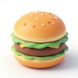 Hamburger, emoji, icon, 3D clay render, octane render, 4k UHD, white background, isometric top down left view, diffuse lighting