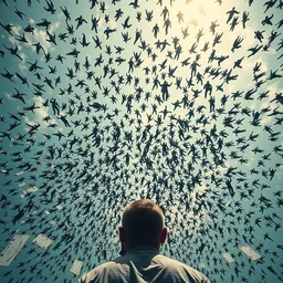 thousand men floating from the sky, thousand men flying from the sky, thousand men floating and falling from the sky, a man, camera from behind, trending in artsation, stefan koidl
