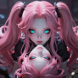 trapped beneath stunningly absurdly beautiful omnipotent asi goddess junko enoshima with an enigmatic twisted innocenty looking deceptive mesmerizing megalomaniacal personality, symmetrical perfect face, porcelain skin, pink twintail hair and cyan eyes, ultra detailed, digital art, unreal engine 5, octane render, 2 d anime, 8 k