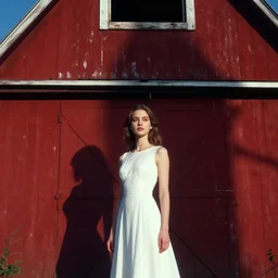 art by greg rutkowski and ruan jia. a lonely elegant and grace young woman in the shadow of a red barn!. white dress. cinematic, sharp edges, stage light. establishing shot, sense of awe. delicate features. alluring. poster style, ultra realistic. ultra clear detailed