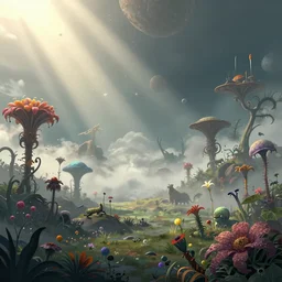 landscape of an alien planet, beautiful, atmosphere, vibe, mist, esotic flowers, strange animals, alien plants, concept art illustration, color page, tone mapping, akihiko yoshida, james jean, andrei riabovitchev, marc simonetti, digital illustration, greg rutowski, volumetric lighting, sunbeams, particles
