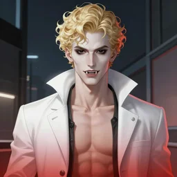 portrait of a beautiful young fit male vampire with curly blond hairs, pale skin, fangs, totally black eyes, dressed with urban clothes, night lighting, by Greg Rutkowski and alphonse mucha, d&d character, gradient white to red, in front of a modern background, highly detailed portrait, digital painting, artstation, concept art, smooth, sharp focus illustration, Artstation HQ