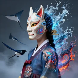 3 d goddess medium shot profile portrait. beautiful intricate highly detailed korean gumiho mask and traditional korean hanbok. stingray, magpie, bioluminescent, plasma, lava, ice, water, wind, creature, fog, artwork by tooth wu and wlop and beeple and greg rutkowski, 8 k trending on artstation,