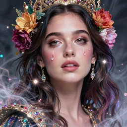 vanessa hudgens, portrait, colorful and vibrant majestic, royal, open wide eyes, drops of tear with flowers on her hair, glowing light orbs, intricate concept art, elegant, digital painting, smooth, sharp focus, ethereal opalescent mist, outrun, vaporware, cyberpunk darksynth, ethereal, ominous, misty, 8 k, by ruan jia and miho hirano, rendered in octane