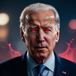 joe biden with red glowing eyes, splash art, movie still, cinematic lighting, ray tracing, octane render, long lens, shallow depth of field, bokeh, anamorphic lens flare, 8 k, hyper detailed, 3 5 mm film grain