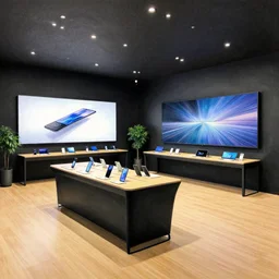 copic marker pen drawing, artistic, masterful, atmospheric stylized lighting!!!!!!!!!! ( ( ( ( ( serious grounded balanced muted flagship samsung store, black walls. timber floor. low ceilings with spots. curved furniture, with large digital screen. display tables with phones and tablets, pots with plants, large digital screens on the walls ) ) ) ) )