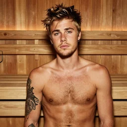 Justin Bieber in a sauna with hairy chest