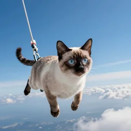 a Siamese cat skydiving, photo realistic, 4k, realistic lighting