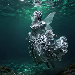 A silver haired mad fairy princess from the 18th century, dressed in a Queen Victoria's wedding dress, floathing underwater in a lake, mystical, atmospheric, scarry, greenish blue tones, fantasy concept art by Annie Stegg Gerard,  John Anster Fitzgerald, and John Everett Millais
