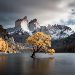 award winning landscape photography by gary pritchard, lone tree on island in lake in foreground with bright jagged mountains in background, beautiful light, moody, long exposure, infrared photography, dramatic lighting, clouds, rule of thirds, golden ratio