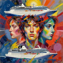 people on cruise with ghosts, portrait face, apocalypse, colorful, in the style of frantisek kupka, jeremy enecio, intricate, miles johnston, cynical realism, john william godward, painterly, yoshitaka amano, miles johnston, louise zhang, pekka halonen, finnish naturalism, realism, realist style, cynical realism, magnus en