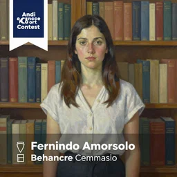 a painting of a woman standing in front of a bookshelf, a character portrait by fernando amorsolo, behance contest winner, qajar art, official art, concept art, da vinci