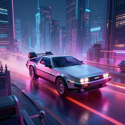 delorean in a cyberpunk city with skyscrapers, artstation award winner, digital art, volumetric lighting, neon colors, shot from too far away, octane render
