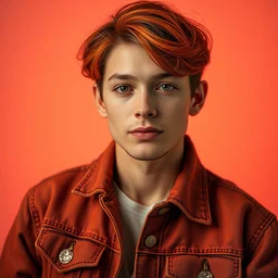 full head photo portrait of a cute orange made of jeans jacket, medium shot, super realistic, crisp details, sharp, detailed, intricate, volumetric lights, cinematic, pastel gradient background, shot with hasselblad, octane render