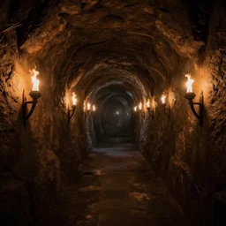 alien dungeon tunnel with hanging torches on the wall, 8 k photography, detailed, dark