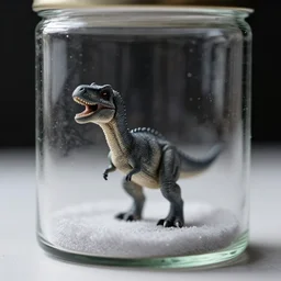 award winning photo by saul leiter of a tiny gray dinosaur standing in a jar, tiny gaussian blur, insanely detailed, insanely intricate, depth of field, low contrast, snowy, wide aperture