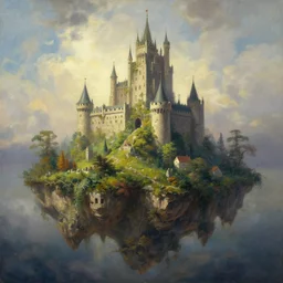 ''cinematic shot'' of a floating small island with big castle on top of it made of vegetation made by ivan aivazovsky, peter mohrbacher, greg rutkowski volumetric light effect broad light oil painting painting fantasy art style sci - fi art style realism premium prints available artwork unreal engine
