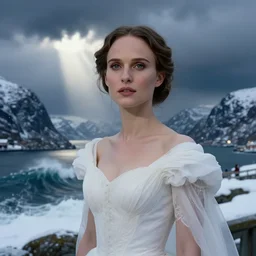 queen, norway fjord, natalie portman, hudson river school, max rive, giant waves, white royal dress, f 1 6, bokeh, gentle, female, snowy, storm clouds, god rays, close up portrait, d & d, fantasy, elegant, low key color palette, concept art, roger deakins and greg rutkowski and alphonse mucha