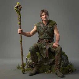 a relaxed male middle aged druid in a sleeveless west, short brown hair, stringy, wielding a long staff which is covered in moss, full body, 8 k, hyperrealistic, hyperdetailed, fantasy portrait by laura sava