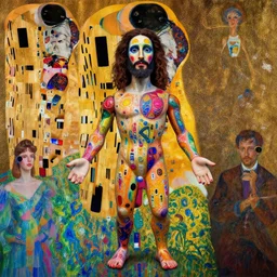 the world's richest man is an evil ventriloquist dummy, psychedelic, jesus!, patterned skin, trending on artstation, photorealism, vibrant colors, digital art, in the style of harumi hironaka, gustav klimt, egon schiele, coby whitmore, david bates, monet, lisa frank, picasso, octane render, long shot!