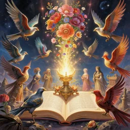 an epic fantastic realism comic book style painting depicting the summoning rituals of glorious birds from a futuristic grimoire, the most beautiful flowers launched into space, 8 k, ultra realistic, lens flare, atmosphere, glow, detailed, intricate, full of colour, cinematic lighting, trending on artstation, 4 k, hyperrealistic, focused, extreme details, unreal engine 5, cinematic, masterpiece