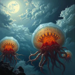 concept art of giant translucent jellyfishes, lovecraftian, lots of teeth, melting horror, round moon, rich clouds, fighting the horrors of the unknown, high resolution, very detailed, roaring, volumetric light, mist, grim, fine art, decaying, textured oil over canvas, epic fantasy art, very colorful, ornate, anato finnstark