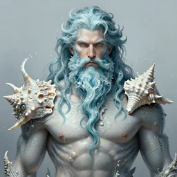 stunning god of sea portrait, beard made of water, muscular, shell, fantasy, intricate, elegant, highly detailed, digital painting, artstation, concept art, smooth, sharp focus, illustration, art by krenz cushart and artem demura