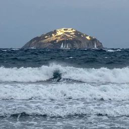 ocean landscape with stormy waves and a sailboat in the foreground and a shining island in the background