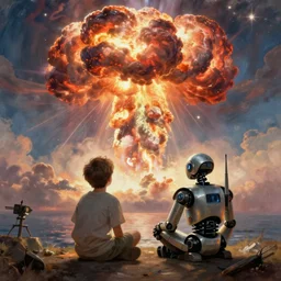 a boy and a robot sitting and looking a nuclear explosion mushroom from far away, artwork by jmw turner