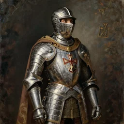 man in 15 century decorated crusader armor and cape with crusader insignia oil painting realistic high detail