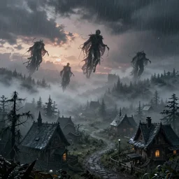 spectres that ride in the sky amongst the foggy clouds of mist, twilight, dreamy, uneasy, enchanted village in the forest, macabre spectacle, skeletal figures, blizzard storm, rain, 8 k, octane, arnold, physical, rendered, unreal 5, cinematic, dramatic, breathtaking, award - winning film, vfx, uhd, intricate detail, hyperrealist, sharp, photoshop, polished, edited