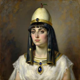 vintage beautiful realistic painting of cleopatra wearing a pear hat in Mary Cassatt style