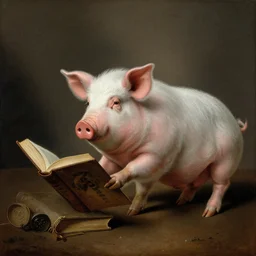 baroque dutch painting from 1 6 7 0 of a pig reading a book