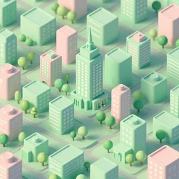 isometric illustration of a dense urban city, lots of buildings and trees, pastel green and pastel pink colors, fun, soft, detailed, 3d rendered, playful