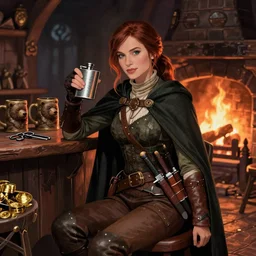 kate beckinsale weared as thief, holding flask in hand, with knives in bandolier and cloak cape, sit in dark fantasy tavern near fireplace, behind bar deck with bear mugs, lockpicks and pile of gold, medieval dnd, colorfull digital fantasy art, 4k