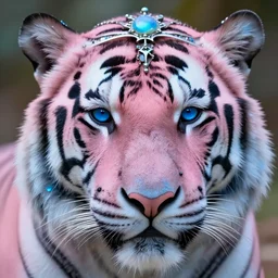 natural light, soft focus extreme close up portrait of a tiger with soft synthetic pink skin, blue bioluminescent plastics, smooth shiny metal, elaborate ornate head piece, piercings, skin textures, by annie leibovitz, paul lehr
