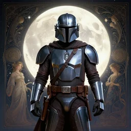 the mandalorian surrounded by starlight, moon behind him, fantasy, intricate, elegant, hyper detailed, ultra definition, photoreal, artstation, unreal engine rendered, concept art, smooth, sharp focus, illustration, art by artgerm and greg rutkowski and alphonse mucha and garis edelweiss