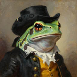 a head and shoulders portrait painting of an anthropomorphic!!!!!!!!!! amazon milk frog!!!!!!!!!! wearing a colonial!!!!!!!!!! outfit without a hat looking off camera, a character portrait, neoclassicism, oil on canvas, dense brushstrokes