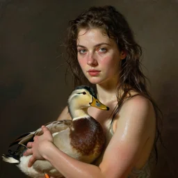 epic portrait an woman holding a duck, wet flowing hair, sweaty skin, broad light, ambient occlusion, volumetric light effect, made by ivan aivazovsky, peter mohrbacher, greg rutkowski, hyperrealistic, hyperdetailed, matte painting, trending on artstation, 8 k, perfectly defined features, digital painting,