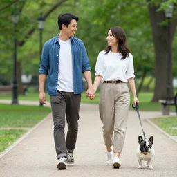a man and a woman walking in park holding hands a french bulldog with a leash