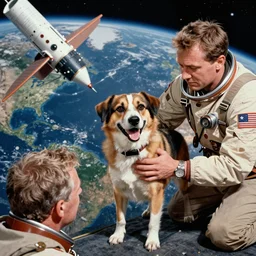 photograph of dog laika being rescued from earth's orbit after russians launched her knowing she would die. happy dog. sad russians. advanced species. highly detailed retro.