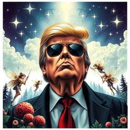 portrait of donald trump sunglasses stars in the sky fairies with detailed faces enchanted forest on the ground psychedelic wide angle shot white background vector art illustration gears of war cell shaded illustration gta 5 artwork of donald trump, in the style of gta 5 loading screen, by stephen bliss by hieronymus bosch and frank frazetta